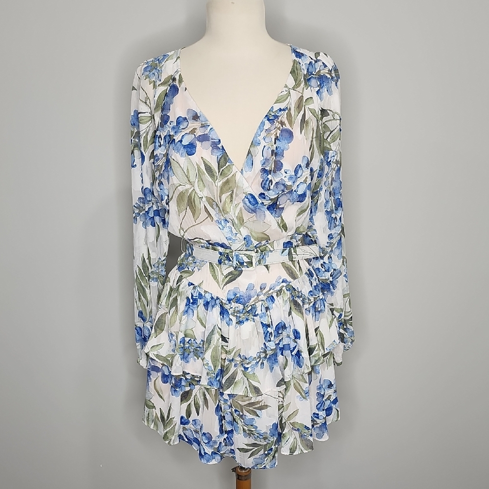 Socialite Long Sleeve Dress Size Small Ivory, Blue, Green Floral